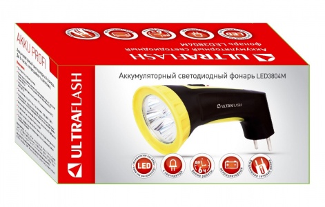 Ultraflash LED3804M (фонарь аккум 220В, черный/желтый, 4 LED, SLA, пластик, коробка) 12867